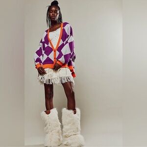 NWT We The Free People Manny Cardi Dahlia Purple Argyle V-Neck Cardigan Medium